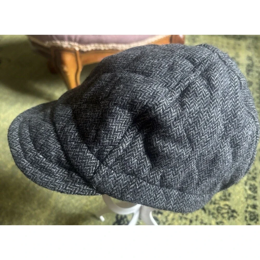 Vtg Y2k Sheila Moon Wool Cycling Cap Hat Knitted Herringbone Gray Satin Lined L